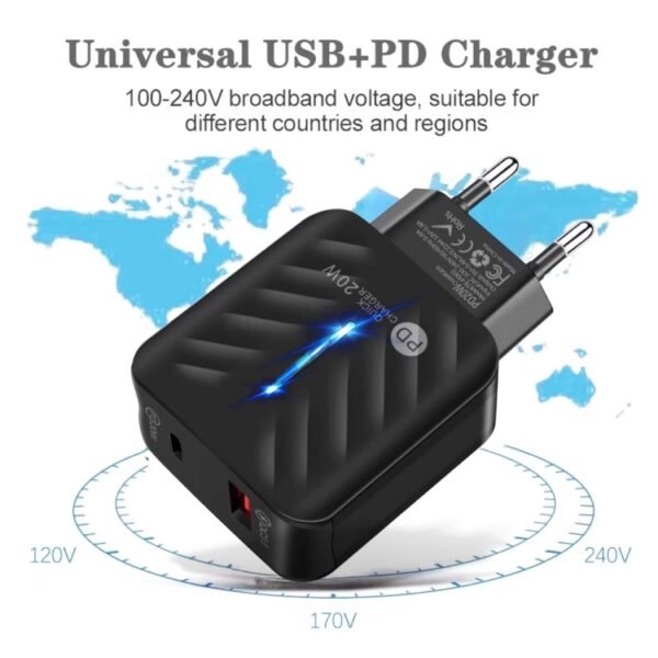 PD03 20W Type-C + QC3. 0 USB Charger with Indicator Light, EU Plug...