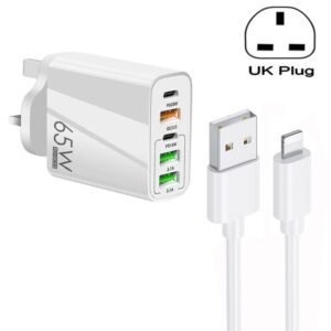 65W Dual PD Type-C + 3 x USB Multi Port Charger with 3A USB to 8 Pi...