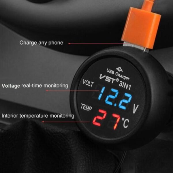 3 In 1 Car USB Charger Car Cigarette Lighter With Voltage Detection Display Multi-function Monitoring Table - Image 5