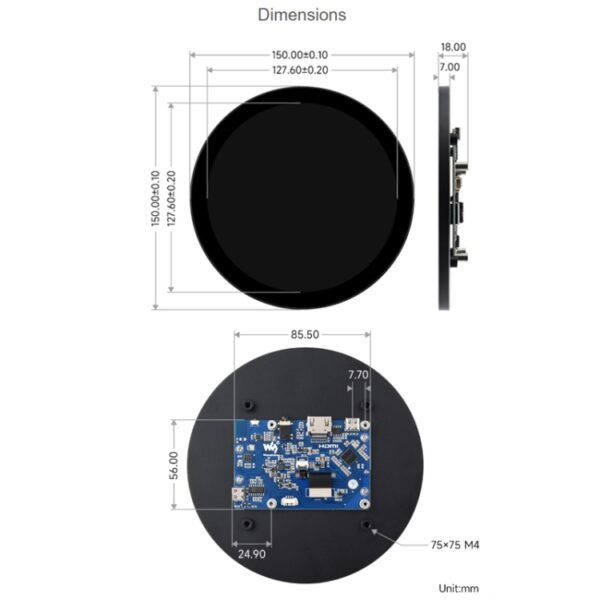 Waveshare 1080x1080 IPS Optically Bonded 5-Inch HDMI Circular 10-Point Touch Screen, 5 inch IPS - Image 3