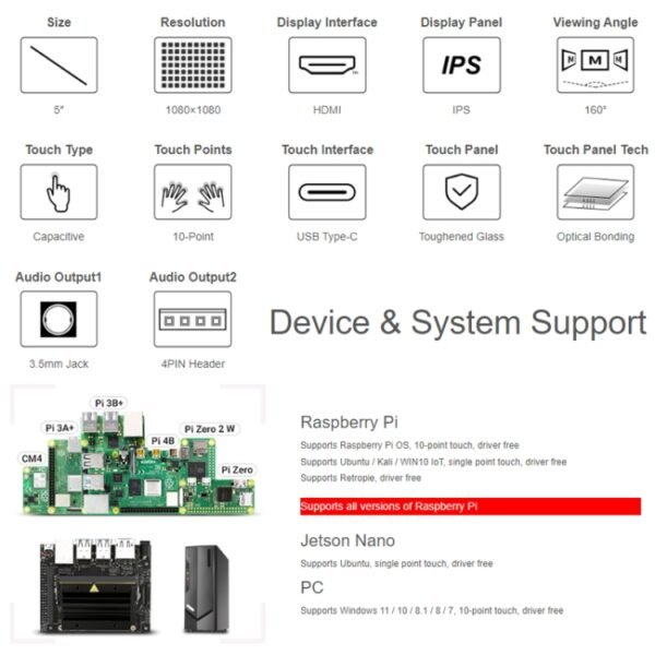 Waveshare 1080x1080 IPS Optically Bonded 5-Inch HDMI Circular 10-Point Touch Screen, 5 inch IPS - Image 5