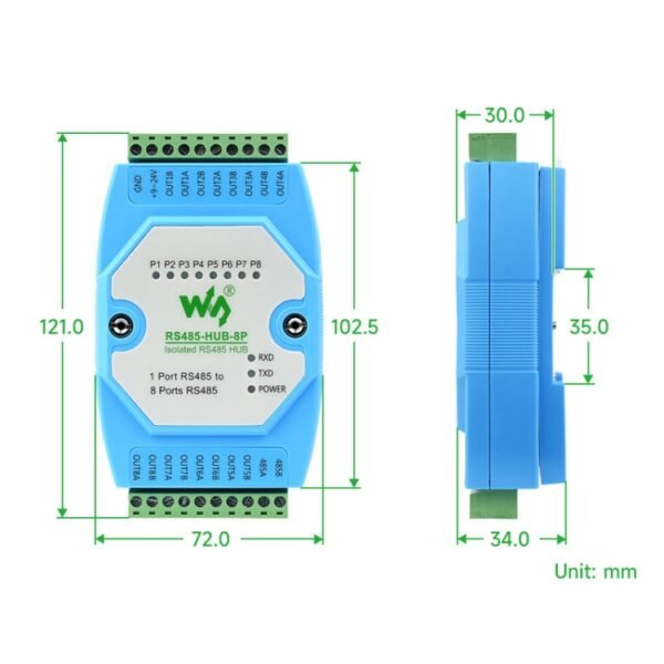 Waveshare RS485-HUB-8P Industrial-grade Isolated 8-ch RS485 Hub, Rail-mount Support, Wide Baud Rate Range - Image 2