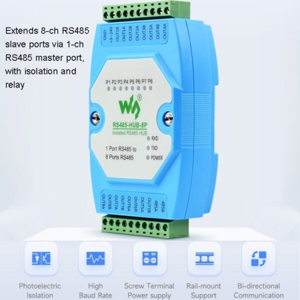 Waveshare RS485-HUB-8P Industrial-grade Isolated 8-ch RS485 Hub, Rail-mount Support, Wide Baud Rate Range - Image 4