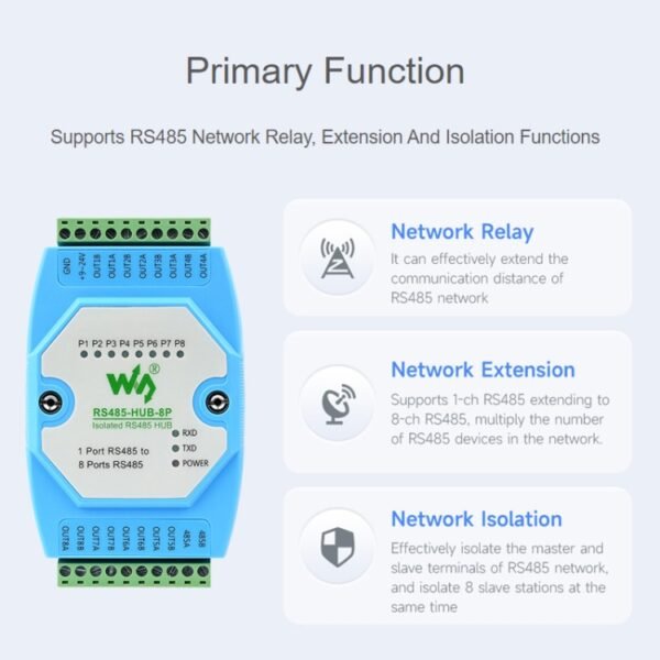 Waveshare RS485-HUB-8P Industrial-grade Isolated 8-ch RS485 Hub, Rail-mount Support, Wide Baud Rate Range - Image 5