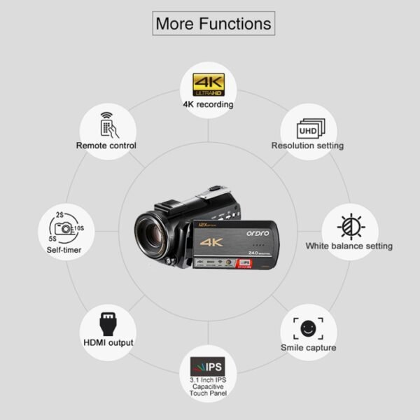 ORDRO AC5 4K HD Night Vision WiFi 12X Optical Zoom Digital Video DV Camera Camcorder, Standard, Standard + Microphone, Standard + Microphone + Handheld Stand, Standard+  Microphone + Fill Light - Image 4
