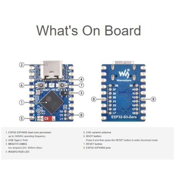 Waveshare ESP32-S3 Mini Development Board, Based On ESP32-S3FH4R2 Dual-Core Processor, without Header, with Header - Image 6