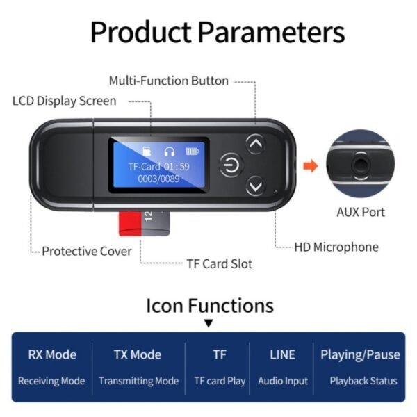 K15Pro With LCD Screen Bluetooth Adapter Audio Receiver Transmitter 3.5mm AUX Car Hands-Free - Image 3