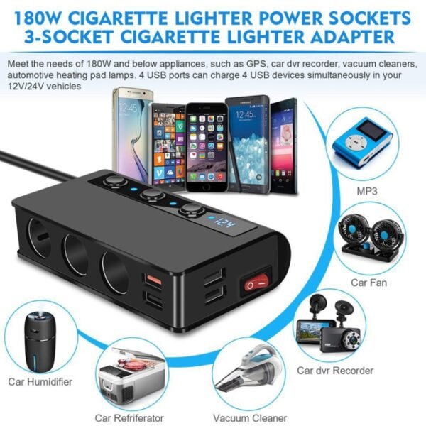 TR24 3 In 1 Car Cigarette Lighter Independent Switch Charger, TR24 (Black), TR24 (Black Red) - Image 5