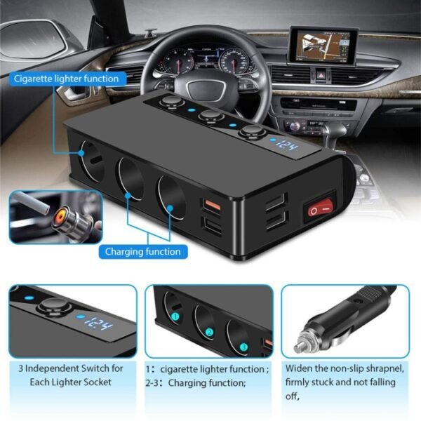 TR24 3 In 1 Car Cigarette Lighter Independent Switch Charger, TR24 (Black), TR24 (Black Red) - Image 6