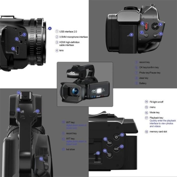 64MP 18X Zoom 4-Inch Touch Screen Handheld Digital Video Camera, 4K 16G - Image 6