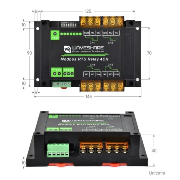 Waveshare Guide-Type 4-Way RS485 High-Current Relay Module, Modbus RTU Protocol, 30461 - Image 2