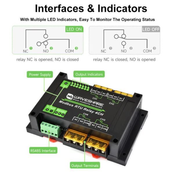 Waveshare Guide-Type 4-Way RS485 High-Current Relay Module, Modbus RTU Protocol, 30461 - Image 4