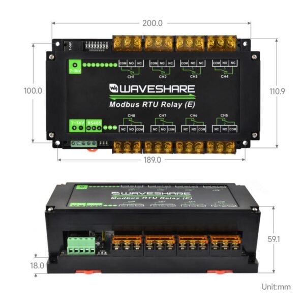 Waveshare Modbus RTU Protocol Rail-Mounted Case 8-Way RS485 30A High-Current Relay Module, 30459 - Image 2