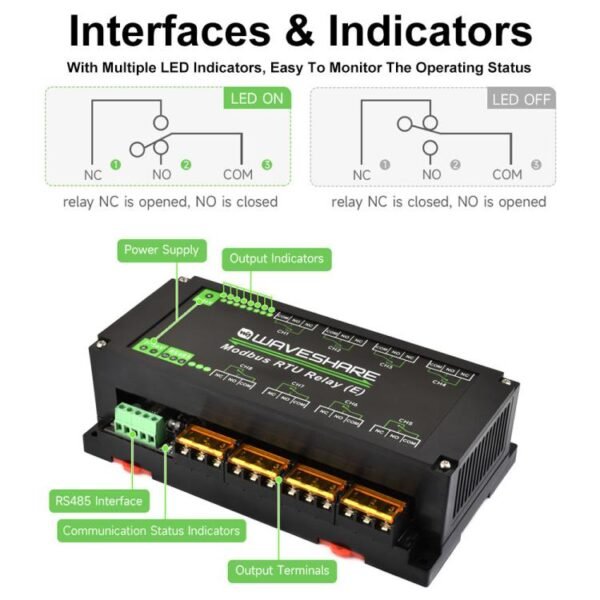 Waveshare Modbus RTU Protocol Rail-Mounted Case 8-Way RS485 30A High-Current Relay Module, 30459 - Image 6