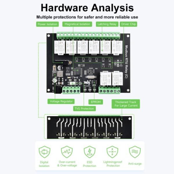Waveshare Modbus RTU Protocol 8-Ch Latching Relay Module (C) With RS485 Interface, 30460 - Image 5